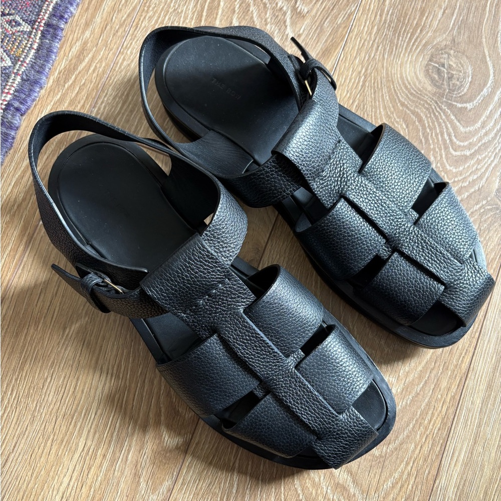 The Row Black Leather Fisherman Sandals